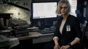 Grace Ashcroft at her desk in the FBI offices in Resident Evil Requiem, which is also known as Resident Evil 9.
