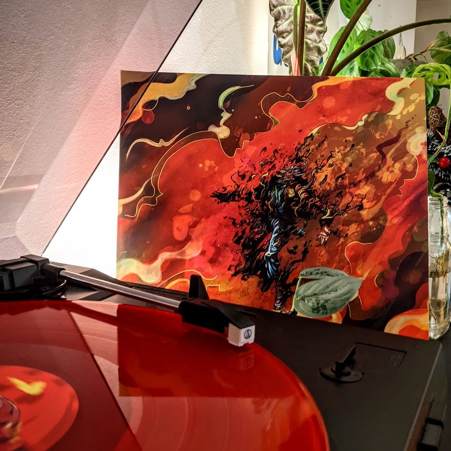 Hotline Miami art over a red record on a turntable