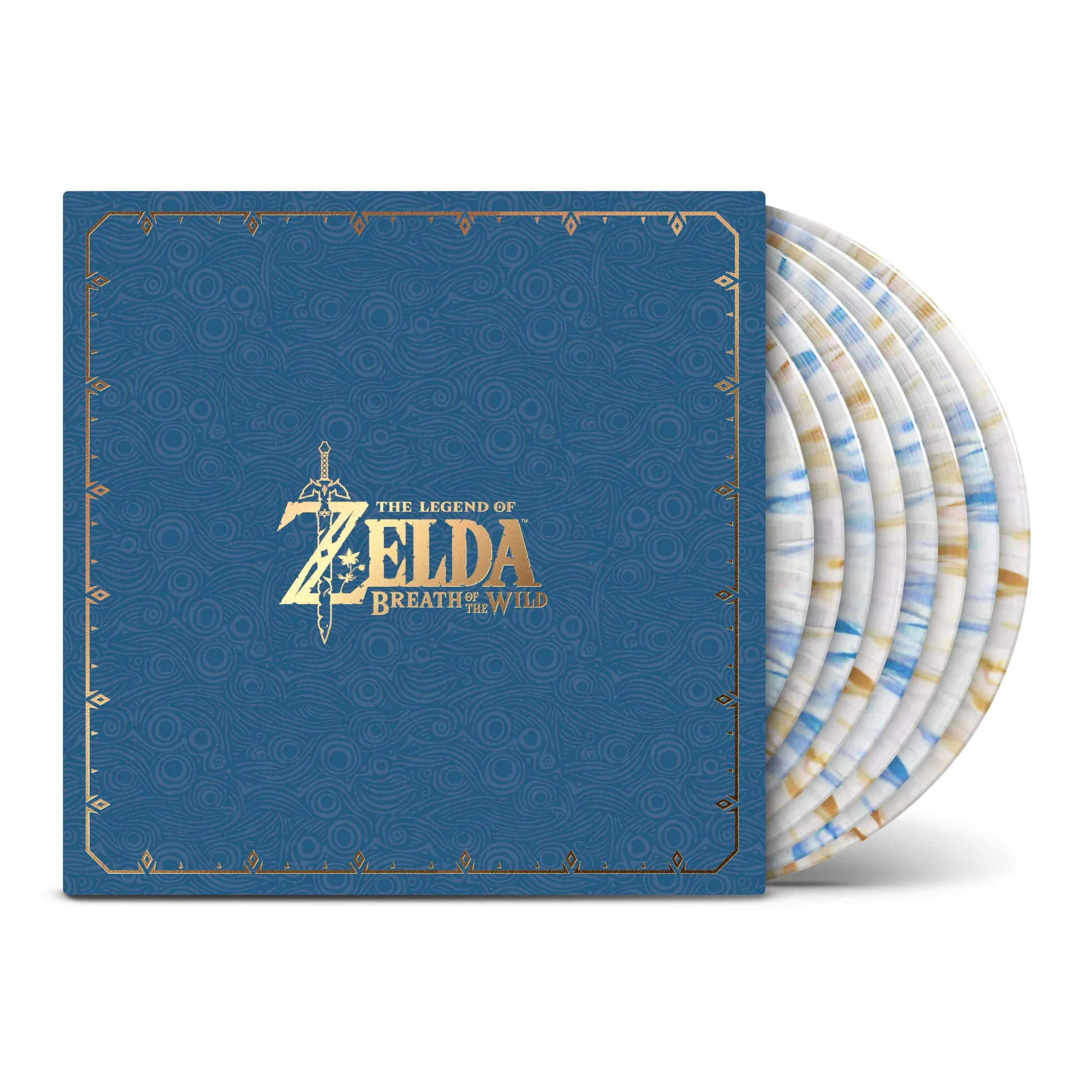 8 discs of Zelda Breath of the Wild vinyl collected in a blue case
