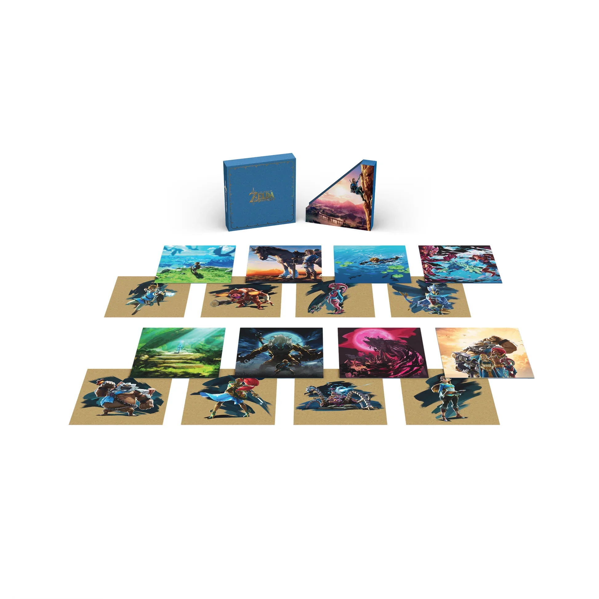 An 8-LP set of music from The Legend Of Zelda Breath of the Wild, featuring a gallery of discs and art laid out in front of a blue box.
